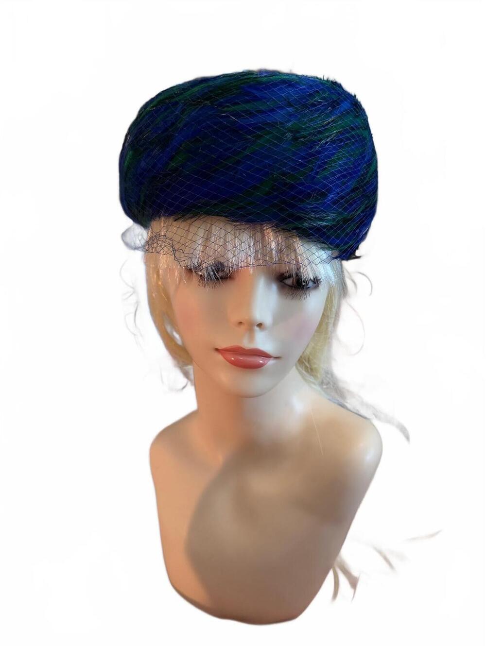 Vintage Valerie Modes Blue and Green Feathered Hat with Veil